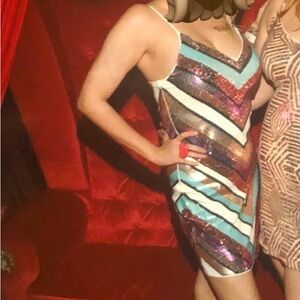 Express Pink Green Gold White Sequin Chevron dress